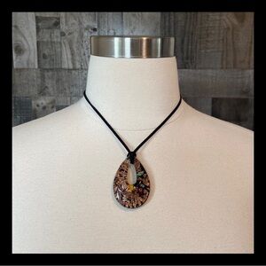 Teardrop pendant necklace artisan metallic copper floral resin festival boho